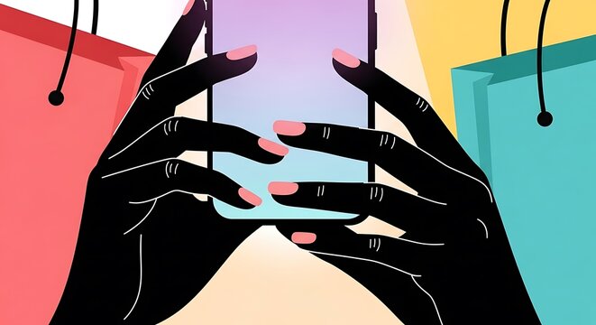 Bold Black Hands Holding Colorful Smartphone Between Shopping Bags