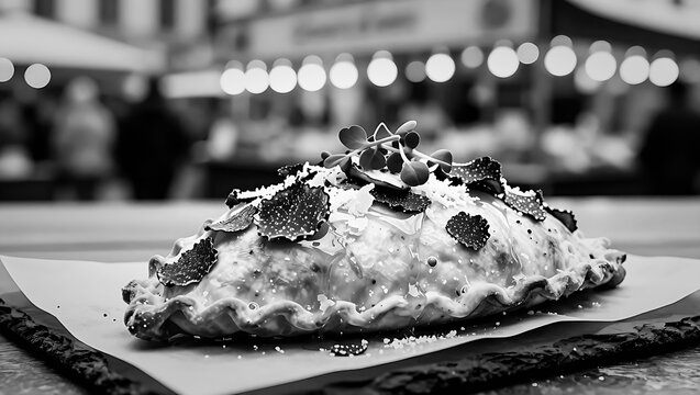 Calzone boscaiola mushroom truffle top with microgreens in black and w