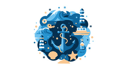 Fototapeta premium Nautical Theme Vector Illustration with Anchor, Lighthouse, Waves, and Ship Symbols - Maritime Adventure Concept on White Background