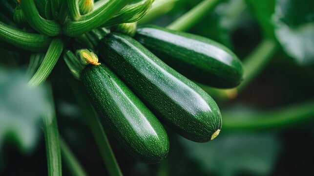 Fresh green zucchinis growing on a plant in a garden, surrounded by lush green leaves and natural sunlight illuminating the scene