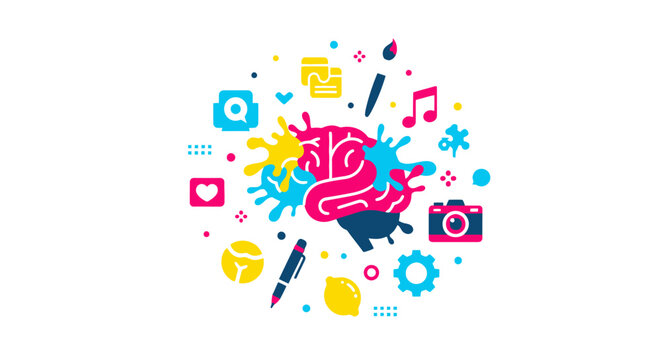 Human Brain with Creative Icons and Paint Splashes for Innovation, Arts, and Brainstorming Concept