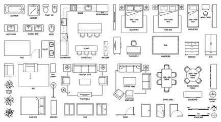 Obraz premium Interior design furniture and architectural symbols for floor plans, top view of home furnishing elements