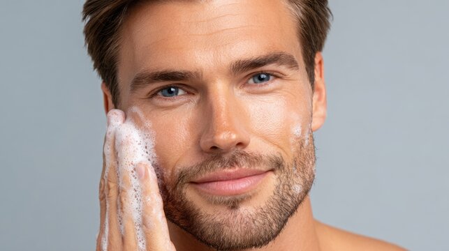 Male model with light brown hair applying facial cleanser with foam on his cheek against a plain gray background, showcasing skincare routine and grooming