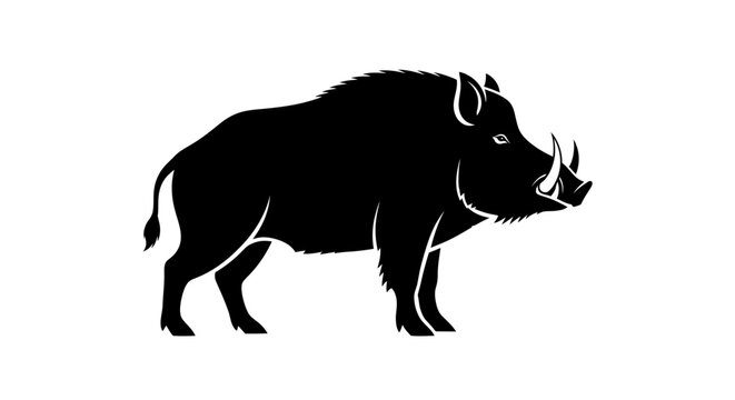 Wild boar vector illustration with sharp tusks in black and white silhouette style.