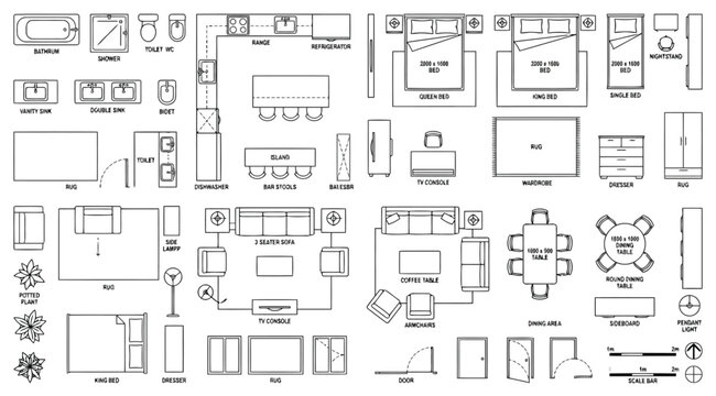 Interior design furniture and architectural symbols for floor plans, top view of home furnishing elements