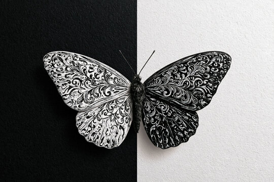 animal art, butterfly illustration, ying yang, black white, ornate, symmetrical wings, illustrated