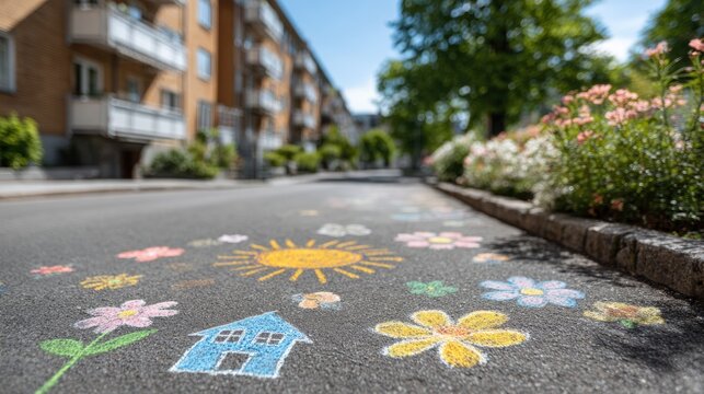 Colorful chalk drawings of flowers and a house on a residential street with blooming plants and apartment buildings in the background during a sunny day
