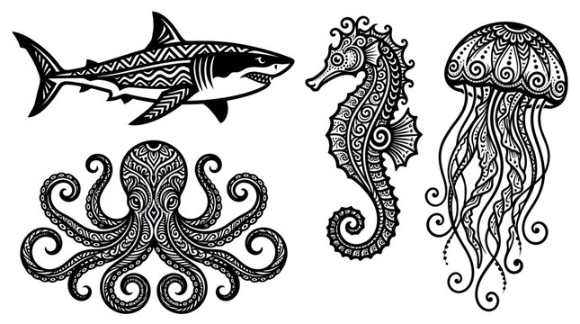 Stylized sea animals collection including shark seahorse octopus and jellyfish with intricate tribal mandala patterns, representing marine life conservation or professional tattoo designs
