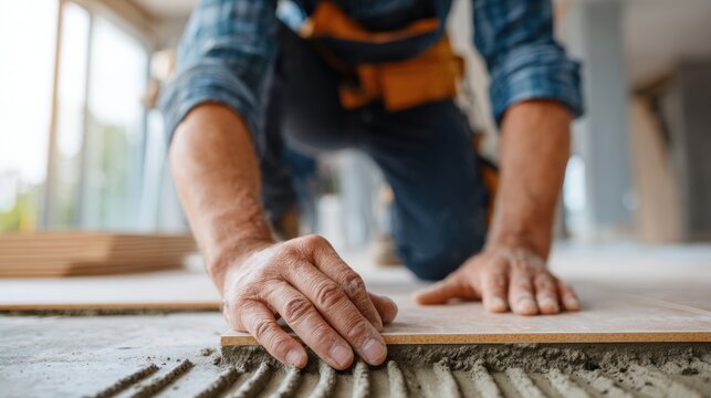 Male construction worker laying wooden flooring on a concrete surface, using hands to position planks in a bright, modern interior space