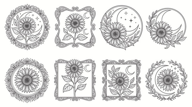Collection of mystical sunflower and crescent moon line art illustrations in ornate vintage frames, representing celestial botanical aesthetics and symbolizing occult tarot card designs