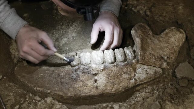 Professional archaeologist carefully cleaning a fossilized jawbone with a brush at an excavation site. The detailed discovery process highlights scientific research and paleontological field work.