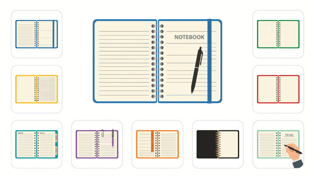 Variety of colorful open spiral notebooks with different paper layouts and office pen accessories set on white, symbolizes professional organization and provides tools for journaling