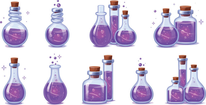 Magic potion glass bottles with glowing purple liquid and sparkling bubbles for fantasy game interface and mystical graphic designs.