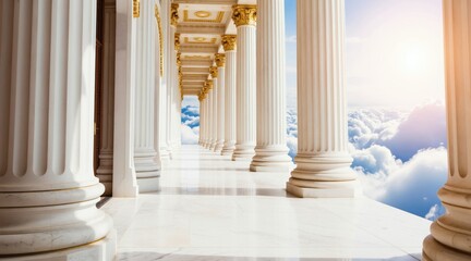 Obraz premium White marble colonnade stretches towards bright cloudy sky. Golden ceiling details gleam above columns. Path leads through clouds to divine light and endless sky.