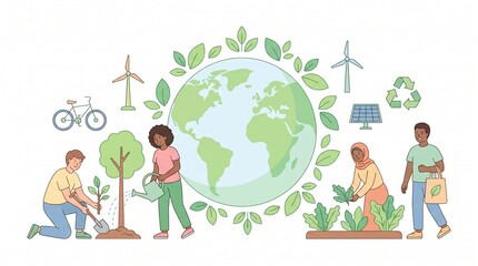 Fototapeta premium Diverse people engaging in eco-friendly activities around a green Earth globe a flat vector illustration promoting sustainability and environmental protection