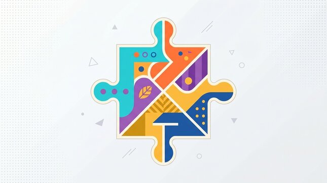 Interlocking colorful abstract puzzle pieces with geometric patterns representing teamwork collaboration and problem-solving concepts