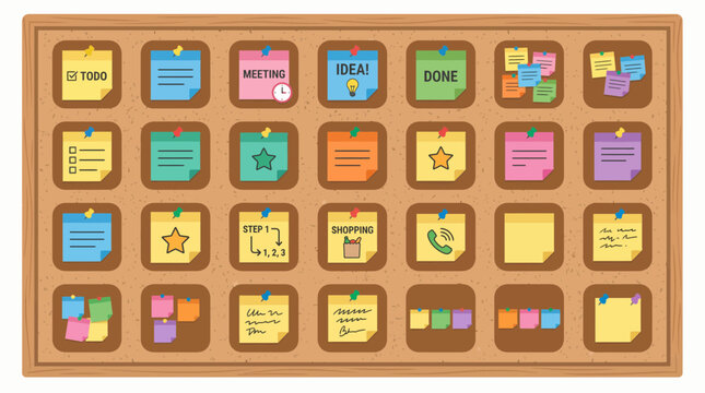 Bulletin cork board with colorful sticky notes for todo list and meeting schedule in flat vector style, Represents project management organization, symbolizing efficient office productivity