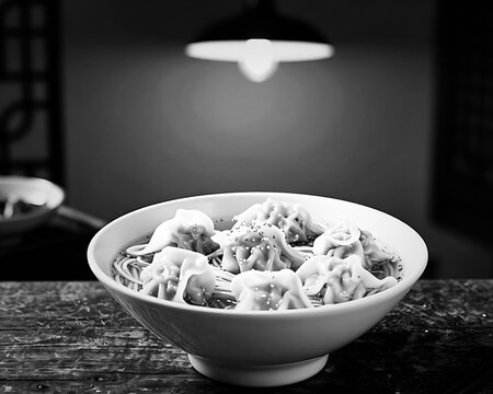 Fuzhou Tai Ji Bian Rou Mian served in a bowl under dramatic lighting