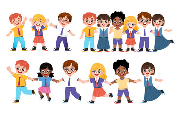 Fototapeta premium Vibrant illustration of diverse happy children walking and holding hands, fostering friendship and unity in school settings, symbolizing youth and positive social connections
