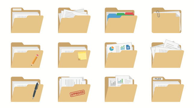 Various manila office folders with documents papers reports and stationery isolated on white background, Represents professional data management and symbolizing efficient corporate documentation
