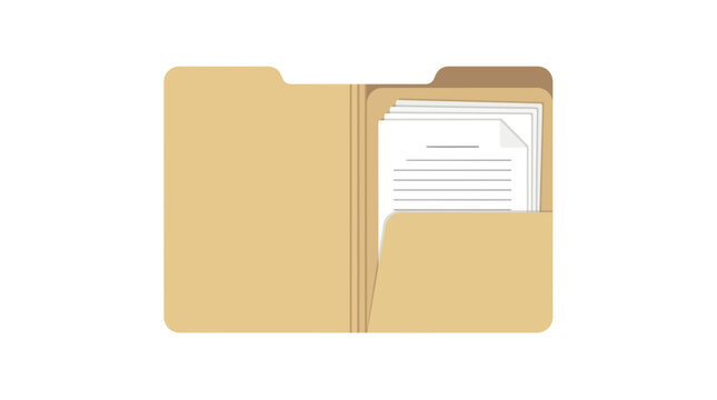 Open manila folder with stack of white document pages inside isolated on a clean white background, Symbolizing professional office documentation and efficient business data management