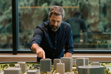Fototapeta premium Man inspects miniature city buildings. Urban planner with beard points at building model. Architect designs future smart city. Eco urbanism concept.