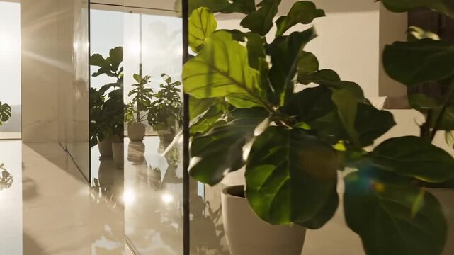 Sunlight streams into a minimalist interior with potted fiddle leaf fig and monstera plants on a reflective marble floor, featuring glass partitions and long shadows.