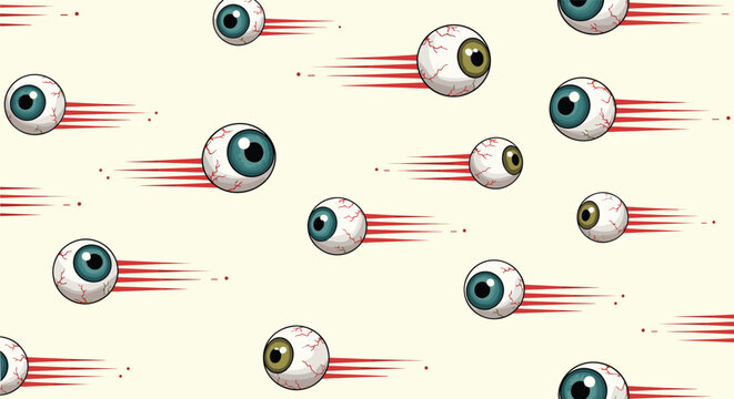Creepy seamless pattern featuring many floating and flying bloodshot eyeballs with various iris colors on a light beige background.