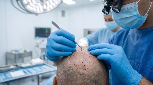 Hair transplant surgeon performing follicle implantation procedure in operating room
