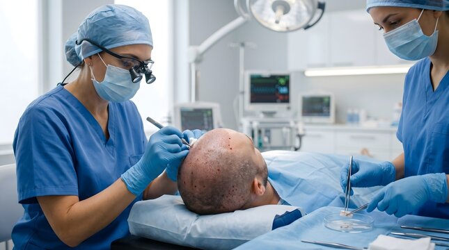 Hair transplant medical team performing follicular implantation procedure in clinic