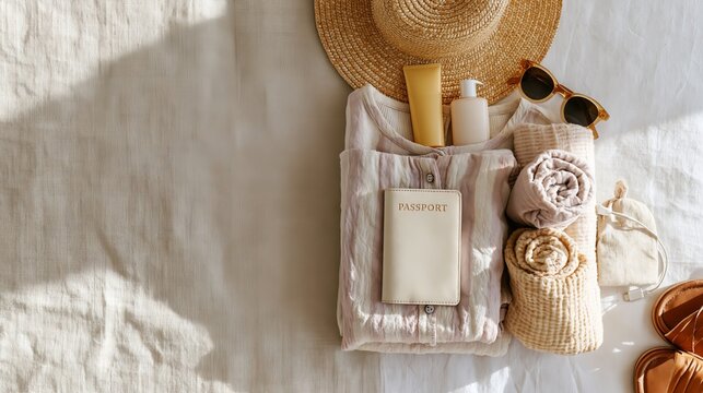 Flat lay of summer travel essentials including a straw hat, sunscreen, toiletries, rolled towels, sunglasses, and a passport on a light fabric background