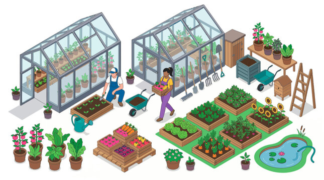 Isometric illustration of people working in a backyard farm with glass greenhouses and raised vegetable beds, Sustainable agriculture representing organic gardening or healthy food production