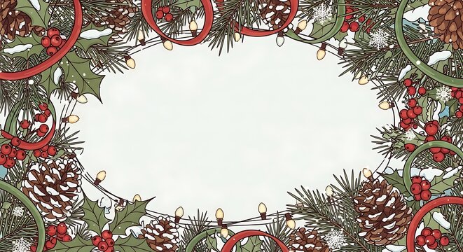 Decorative Festive Border with Pine Cones Holly Berries and Lights