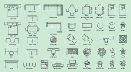 Obraz premium Furniture and interior design icons for floor plan layouts