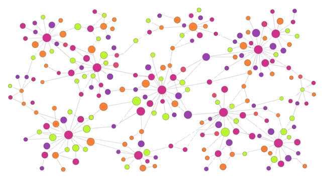 Abstract network diagram featuring colorful interconnected circles of various sizes on a clean white background, symbolizing global communication systems and illustrating complex data structures