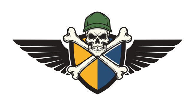 Military themed emblem featuring a skull in a green cap with crossed bones and wings over a blue and yellow shield.