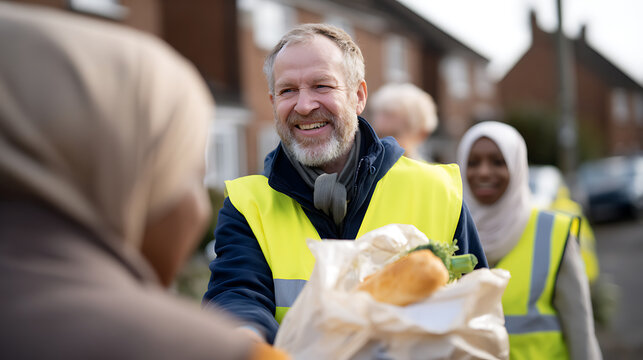 Positive man in high-visibility vest deliver groceries to person outdoors, expressing care and community support, bright natural light