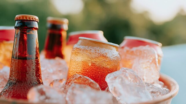 Cold drinks in ice bucket with glass bottles and cans surrounded by ice cubes, outdoor setting with blurred greenery in the background