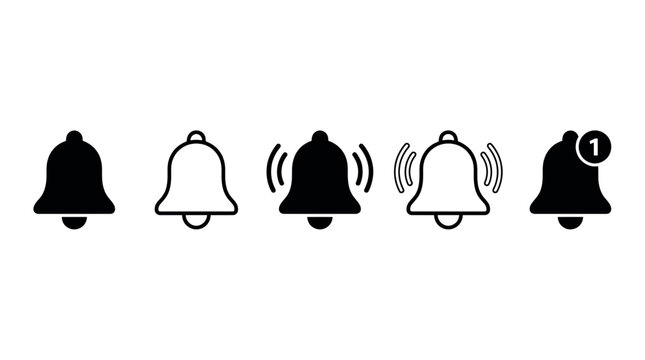 Set of black notification bell icons in linear and solid styles on white background, symbolizing digital alert systems and illustrating modern user interface design elements