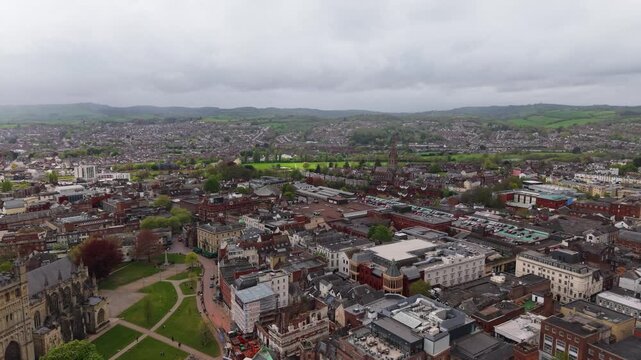 Aerial view of Exeter, which is an ancient city on the River Exe in southwest England. Dating back to the Roman era, the Exeter City Walls surround its centre and Gothic Exeter .