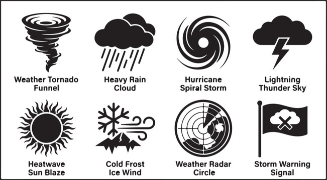 Weather icons, storm symbols, climate signs, forecast graphics, 8 weather condition illustrations