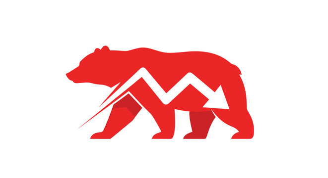 Red bear silhouette with a white downward trending arrow representing a bear market and falling stock prices.