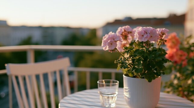 Sunlit apartment balcony featuring a potted geranium plant and a glass of water on a round table with a white wooden chair in the background
