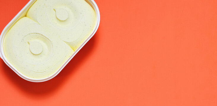 Vanilla ice cream, zenith view and copy space.