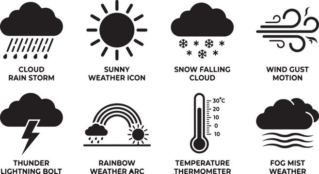 Weather icons, weather symbols, climate signs, forecast graphics, black vector set