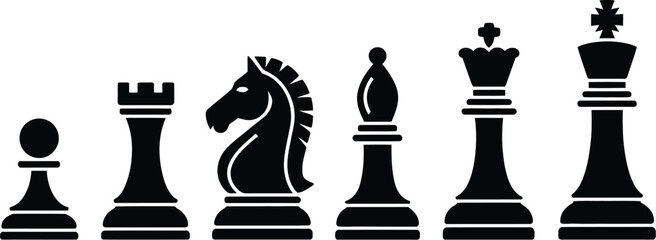 Chess pieces icon set featuring black silhouettes of pawn rook knight bishop queen and king isolated on a white background. © Sumaiya