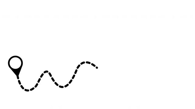 Travel flying route destination, tourism and travel concept, dotted line path and black airplane silhouette on white background, dash line trace animation with line path vector icon, 4k loop