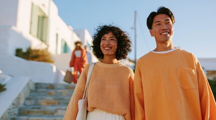 Naklejka premium Young East Asian couple walking together on a sunny day, wearing casual orange sweaters, with white buildings and steps in the background