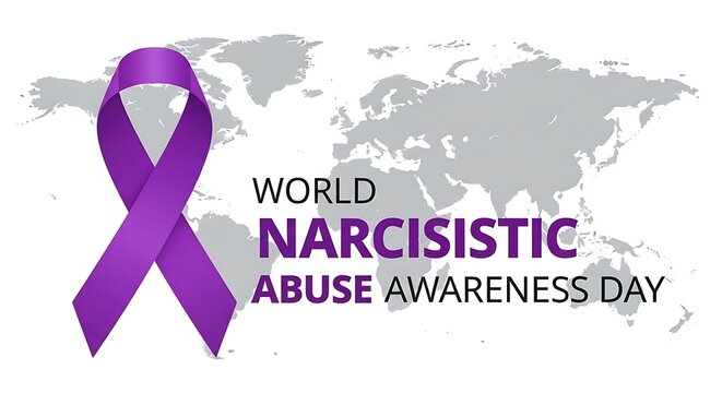 World narcissistic abuse awareness day banner with purple ribbon and global world map background