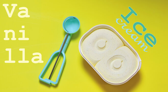 Vanilla ice cream, zenith view and copy space. Close up and text.	